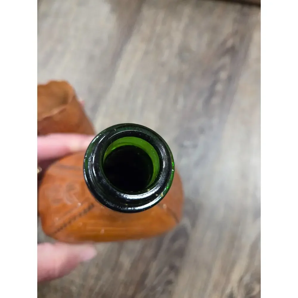 Vintage Leather Wrapped Green Glass Jug Decanter Columbia Bottle Flask Antique - Picture 8 of 9